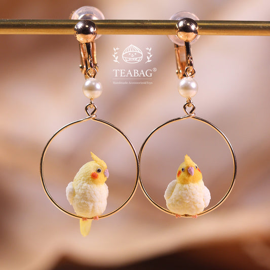 Pair of cockatiel hoop clip-on earrings with both clip fittings and white beads fully visible.