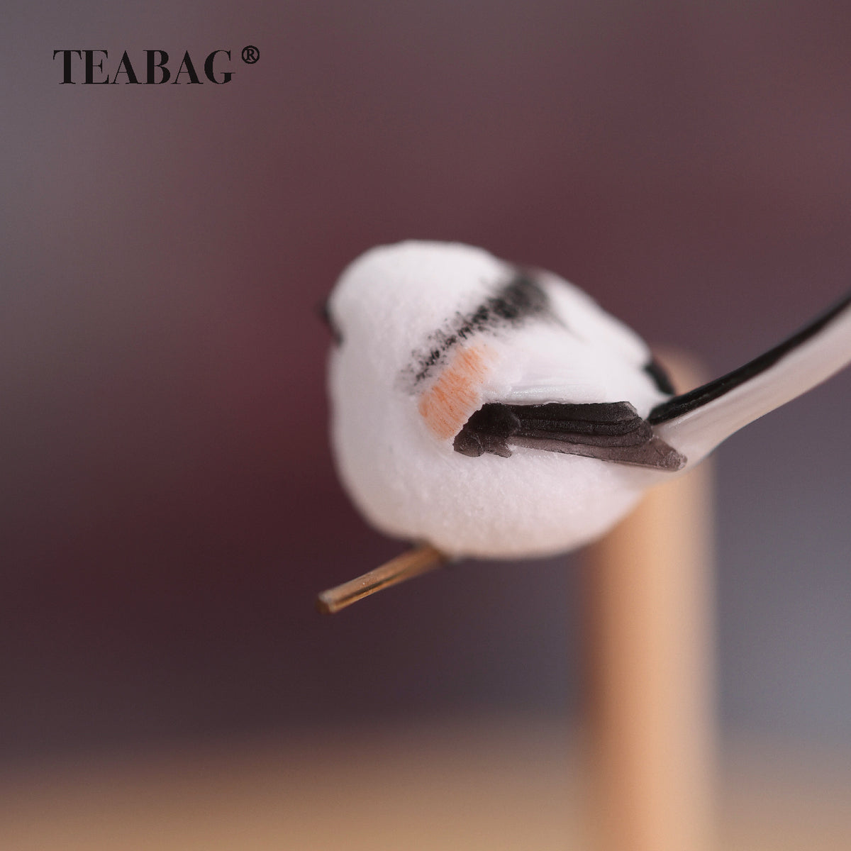 Close-up of a Little Bird miniature from behind, showing sculpted wing feathers, peach-colored markings and the long tail on its perch.
