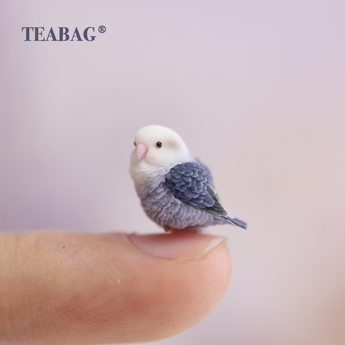 Side-facing violet lovebird miniature resting on a fingertip to show its tiny scale and feather detail.