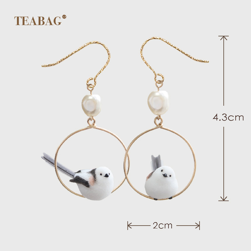 Pair of Little Bird earrings with matching pierced hooks, one side-facing bird and one tilted-head bird. Original size guide shows a 4.3 cm total drop and 2 cm hoops.